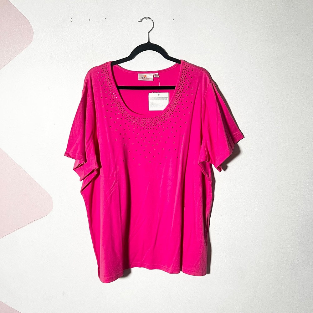 Quacker Factory 100% Cotton Top Women's 2X Pink Rhinestone Embellished